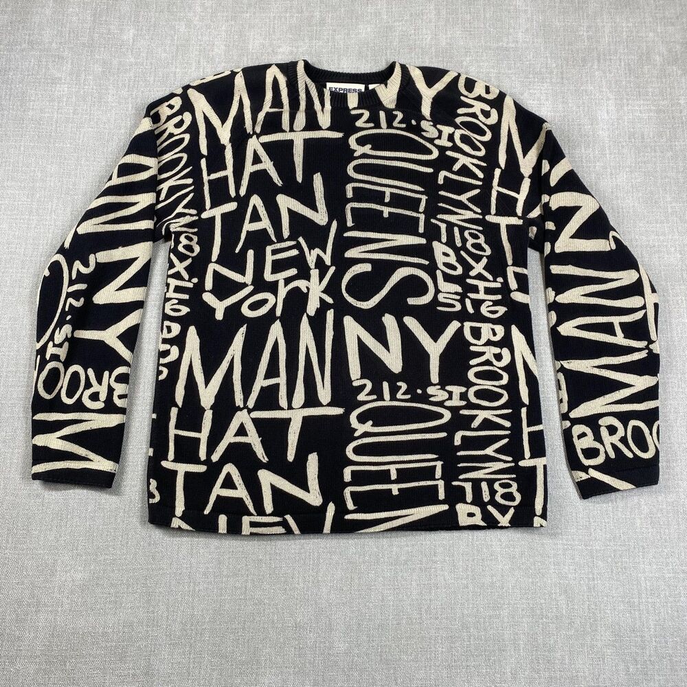 Express Sweater Pullover Mens Medium Black New York Graphic Print Knit Hip Hop